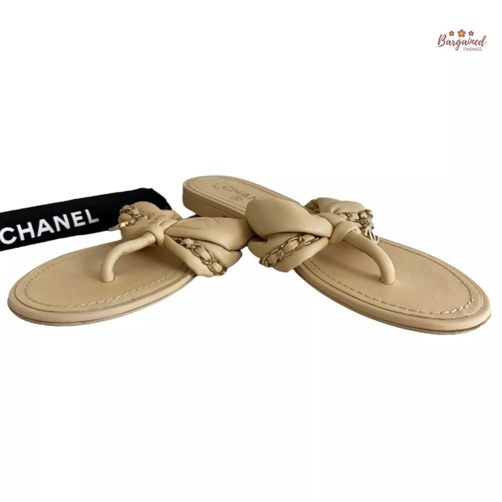 Authentic CHANEL Beige Lambskin Leather Gold Interlocking CC Logo Slides Sandals